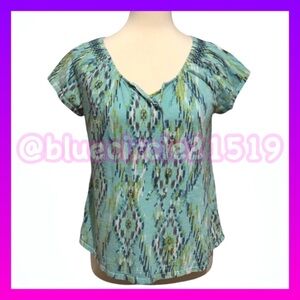 Sonoma Life and Style Teal Tribal Print Short Sleeve Top Size Medium